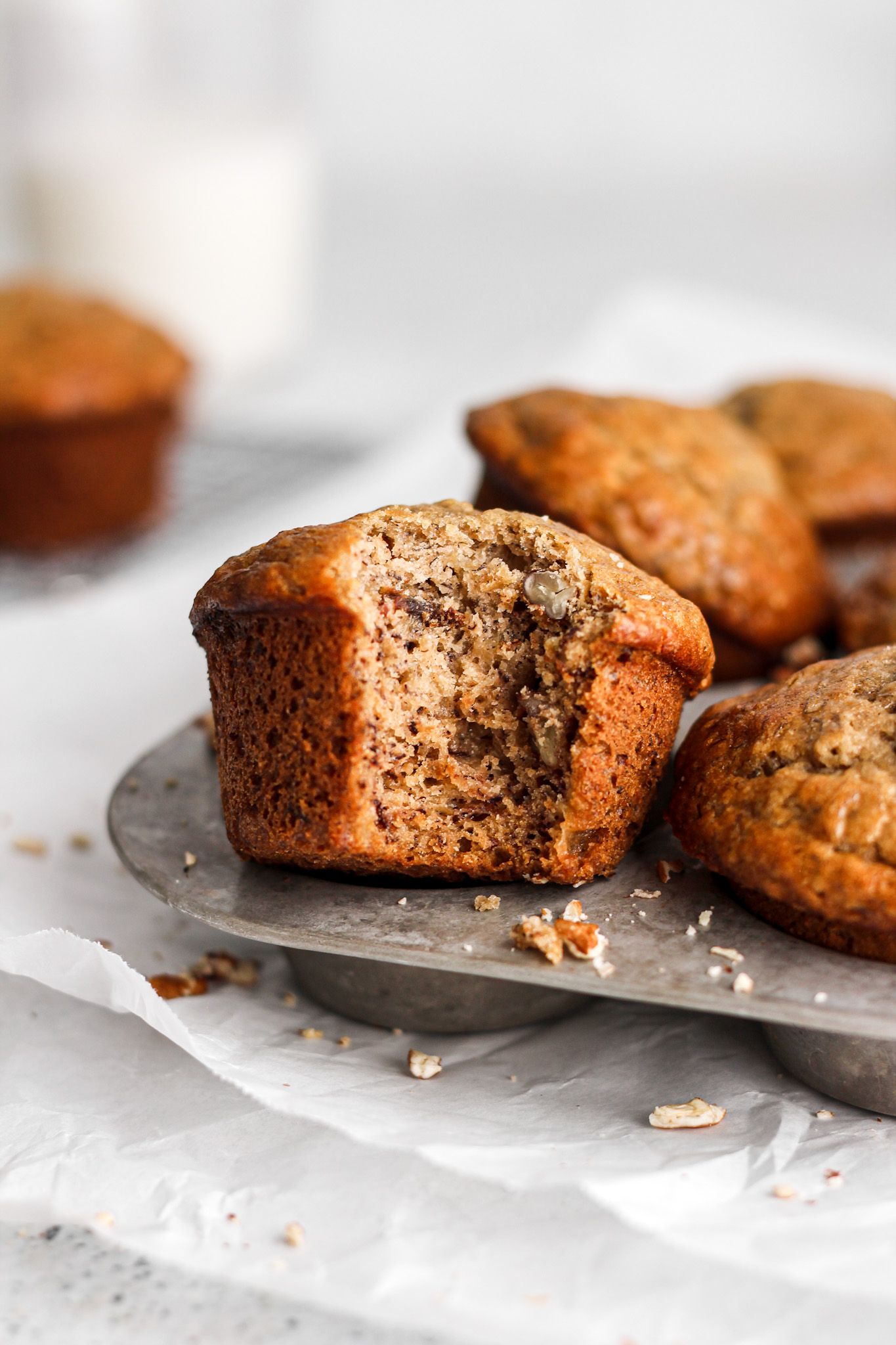 banana nut muffin with one bite taken
