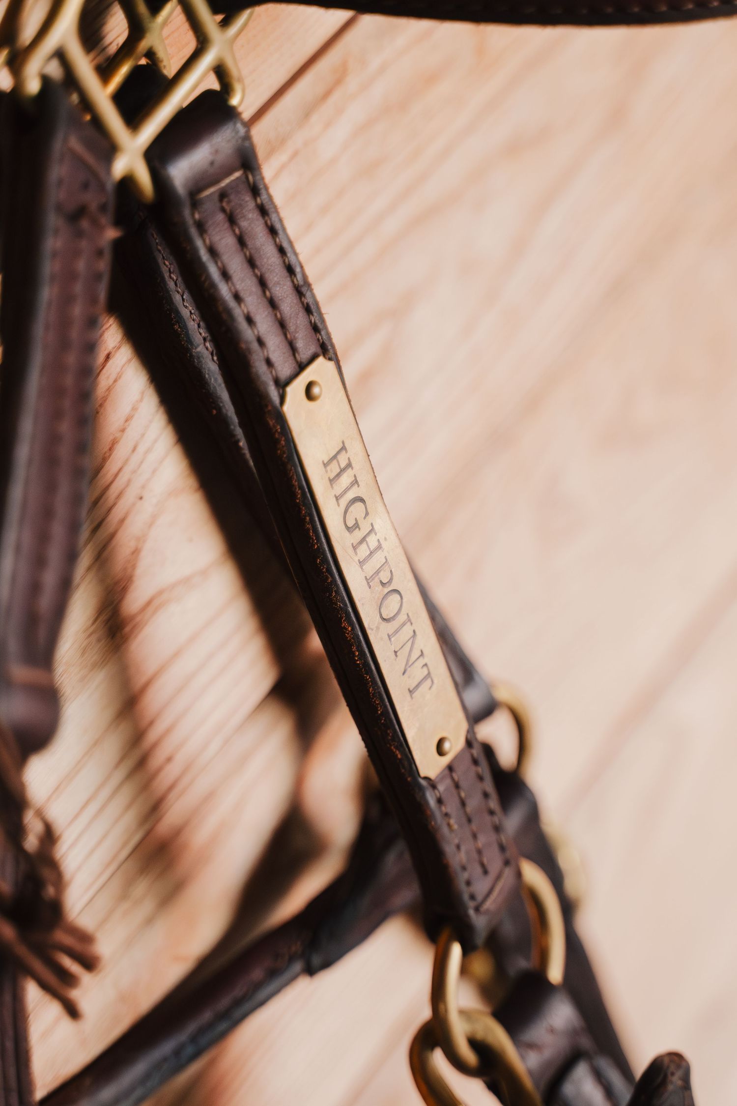 Close-up view of a vintage leather wallet with brass details and stitching on a light textured background.