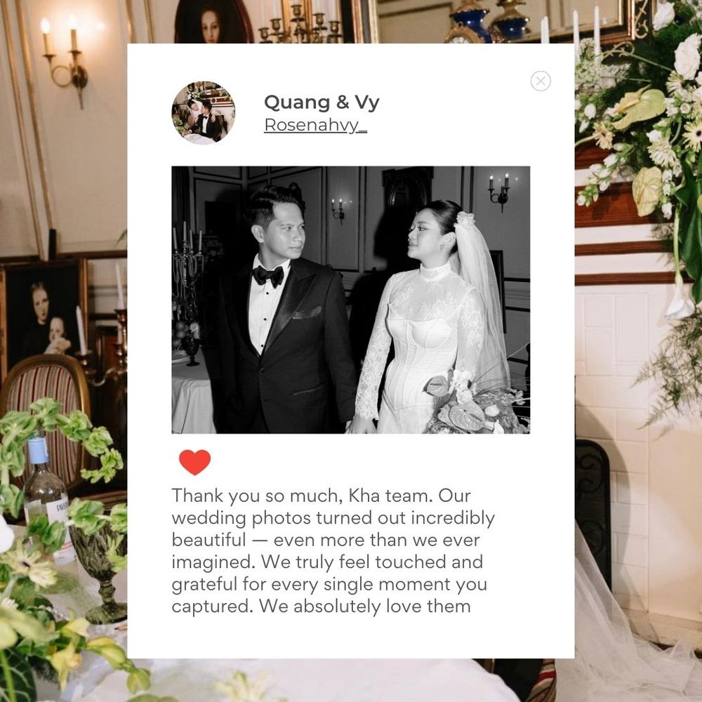 Elegant black and white wedding photo review card for Quang & Vy complimenting Kha team's photography.