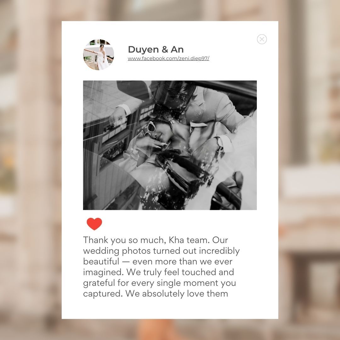 Black and white wedding photo review card for Duyen & An praising Kha team's beautiful photography.