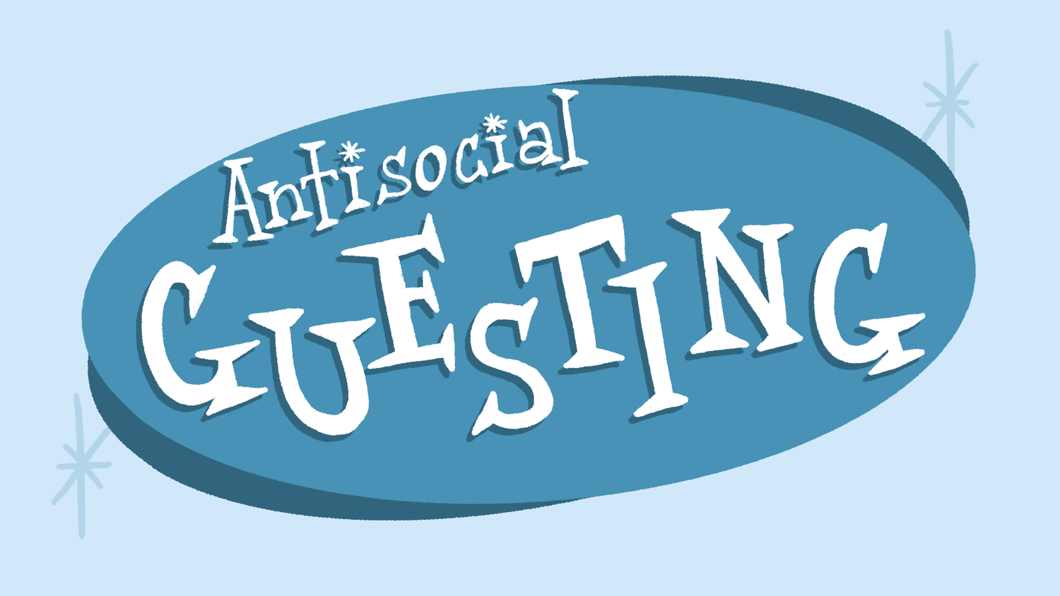 A retro-style blue logo design for "Antisocial Guesting" with decorative sparkle elements.