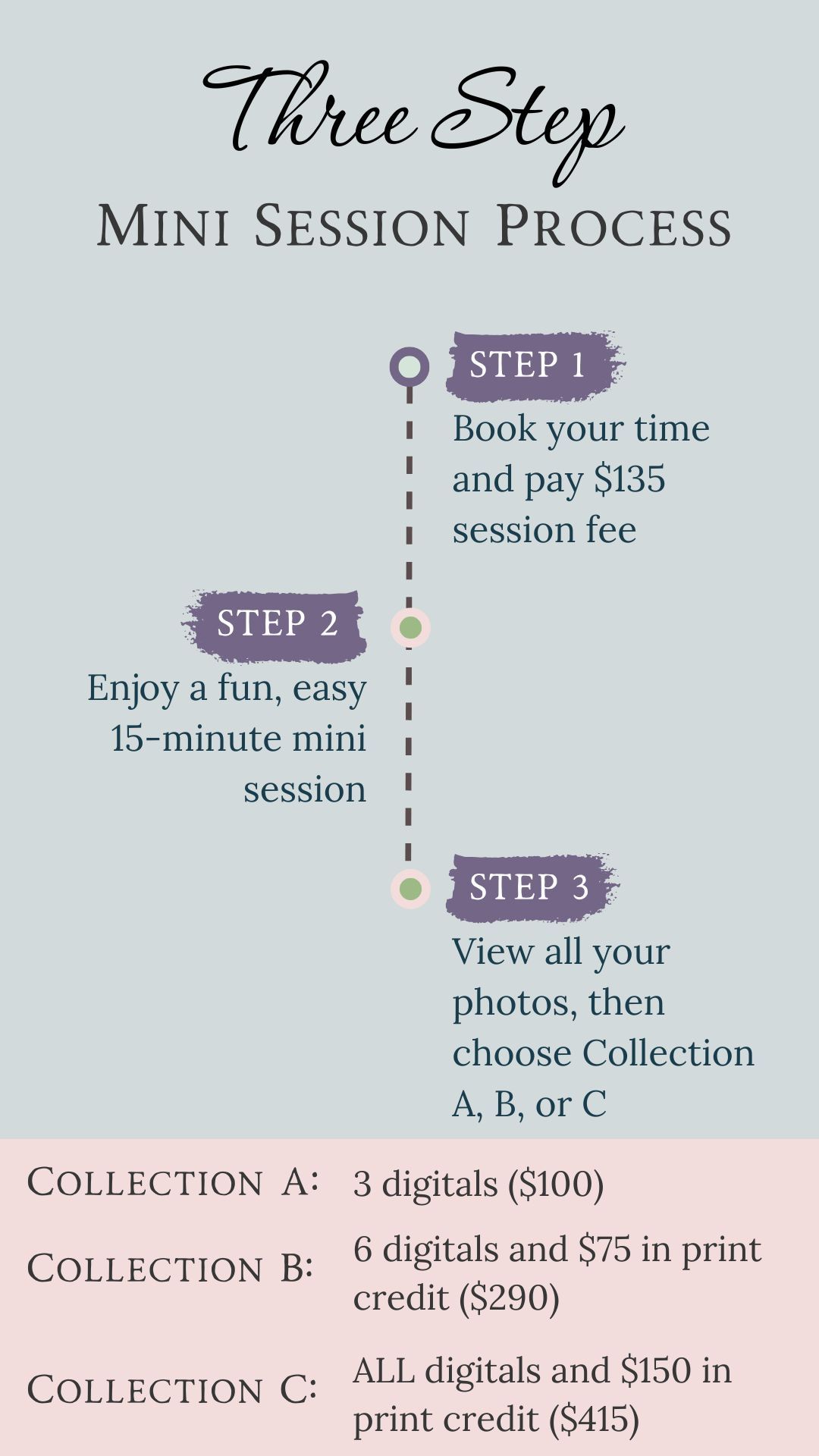 A three-step mini session process infographic showing booking, 15-minute session details, and photo collection options with pricing.