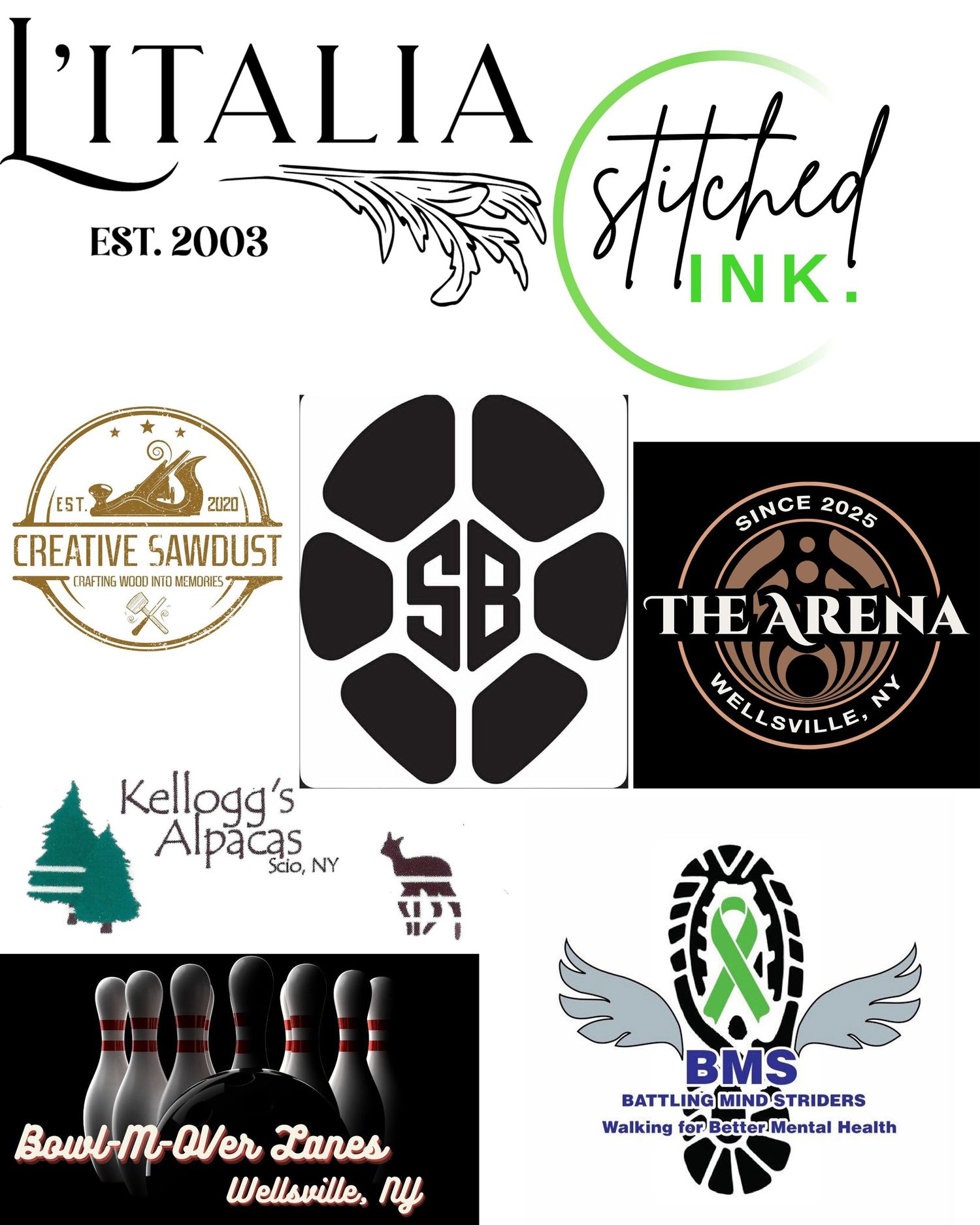 Collection of business logos featuring alpacas, woodworking, and creative services in green and purple tones.