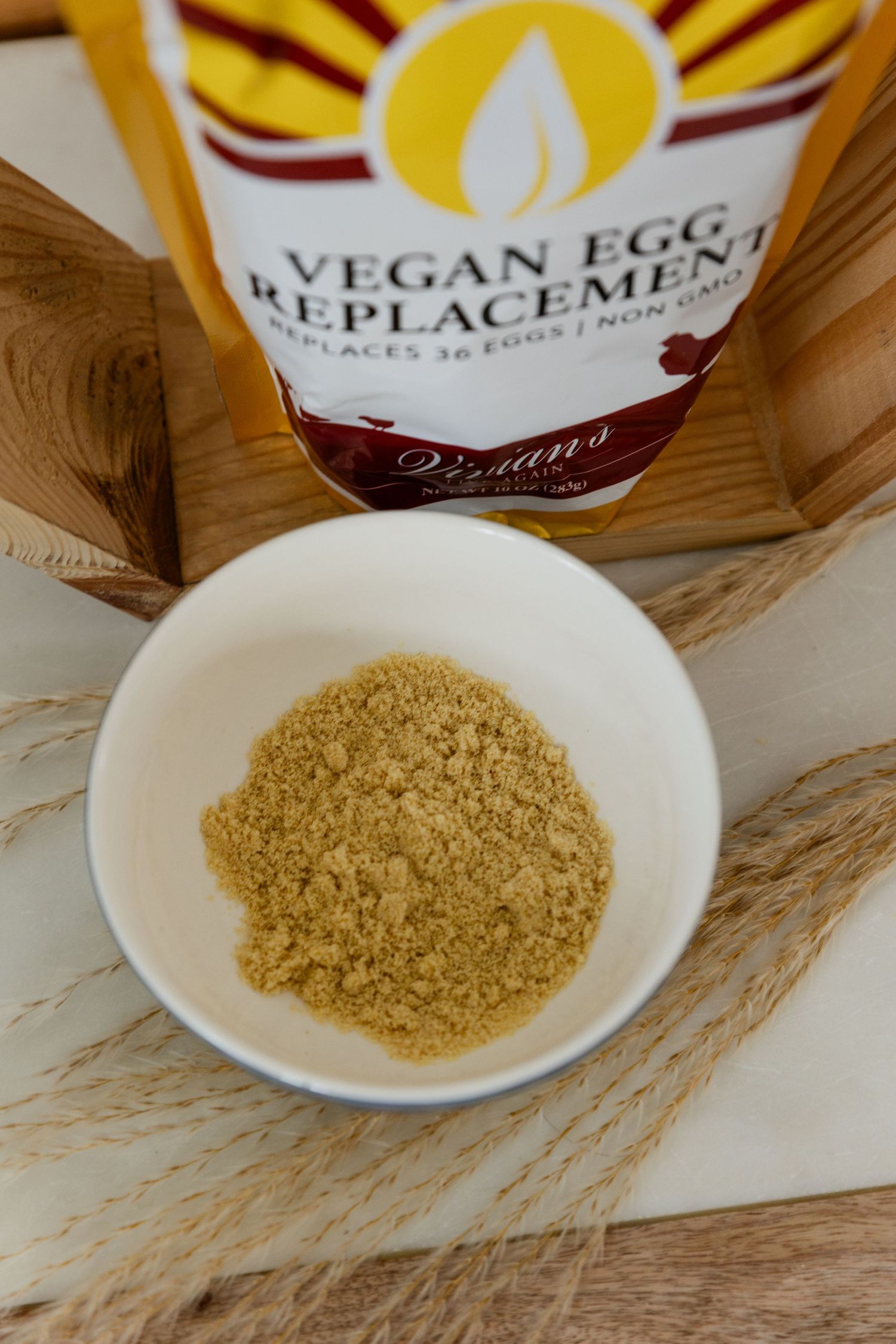 picture of a bowl of egg replacement powder with wheat