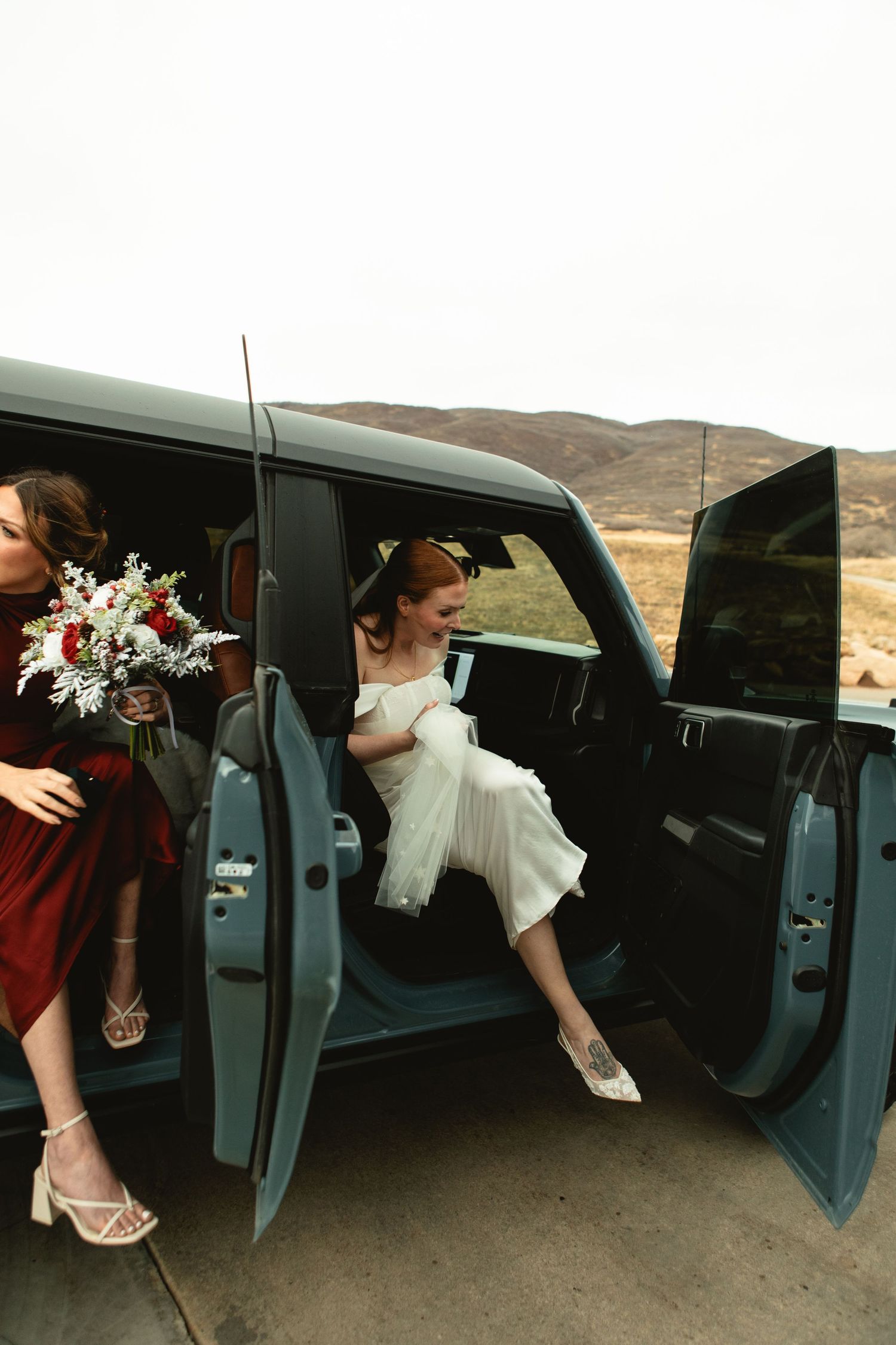 GEtting out of the car at your wedding venue in Midway Utah