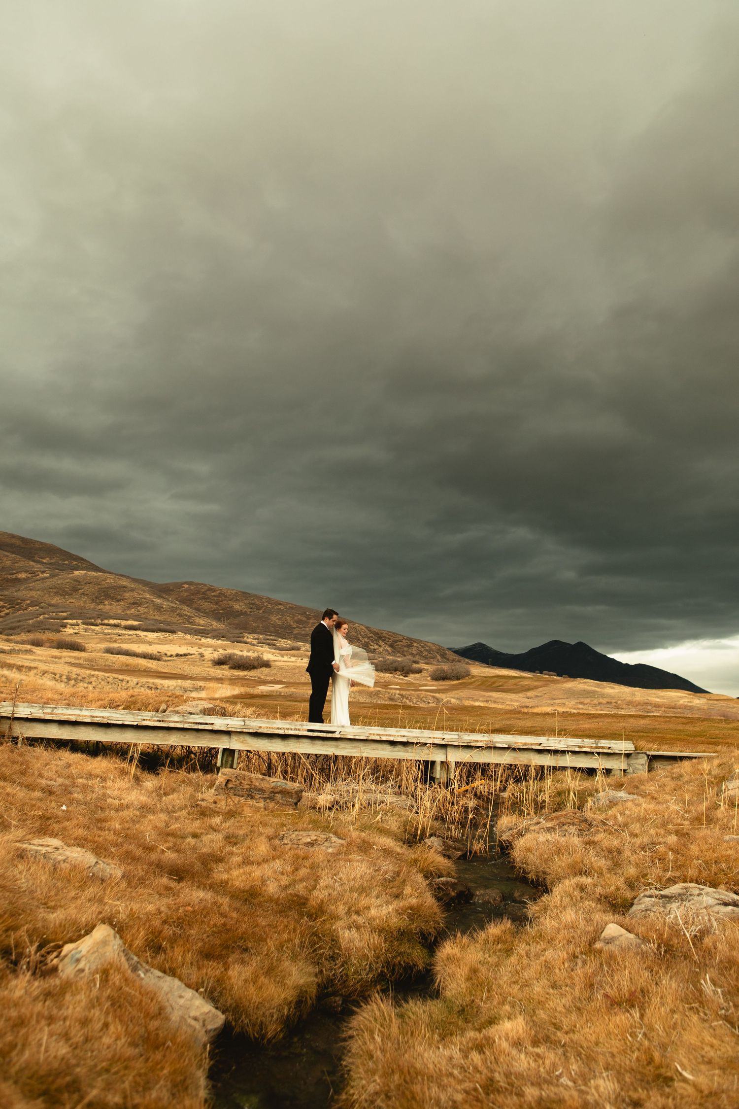 Bride and groom dramatic landscape photo
