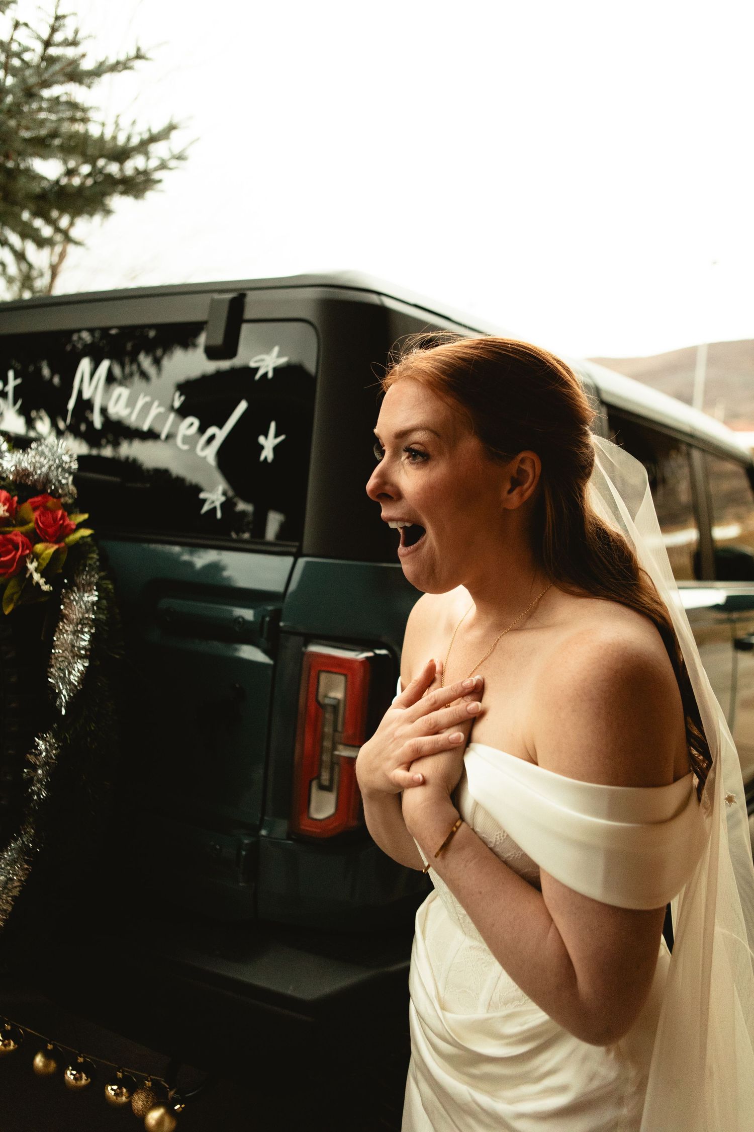 Get away car decorated for christmas brings bride to tears