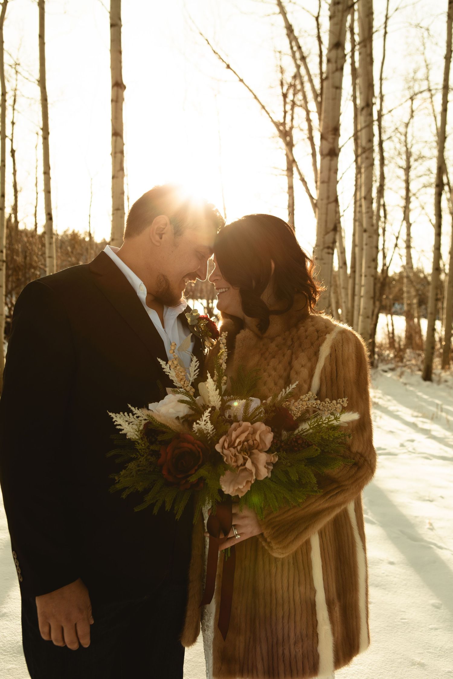 Winter elopement with fur coat