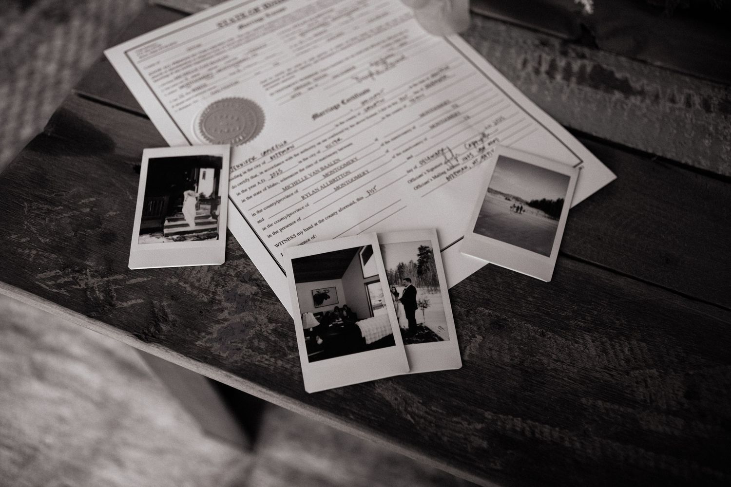 Polaroid photos with marriage license