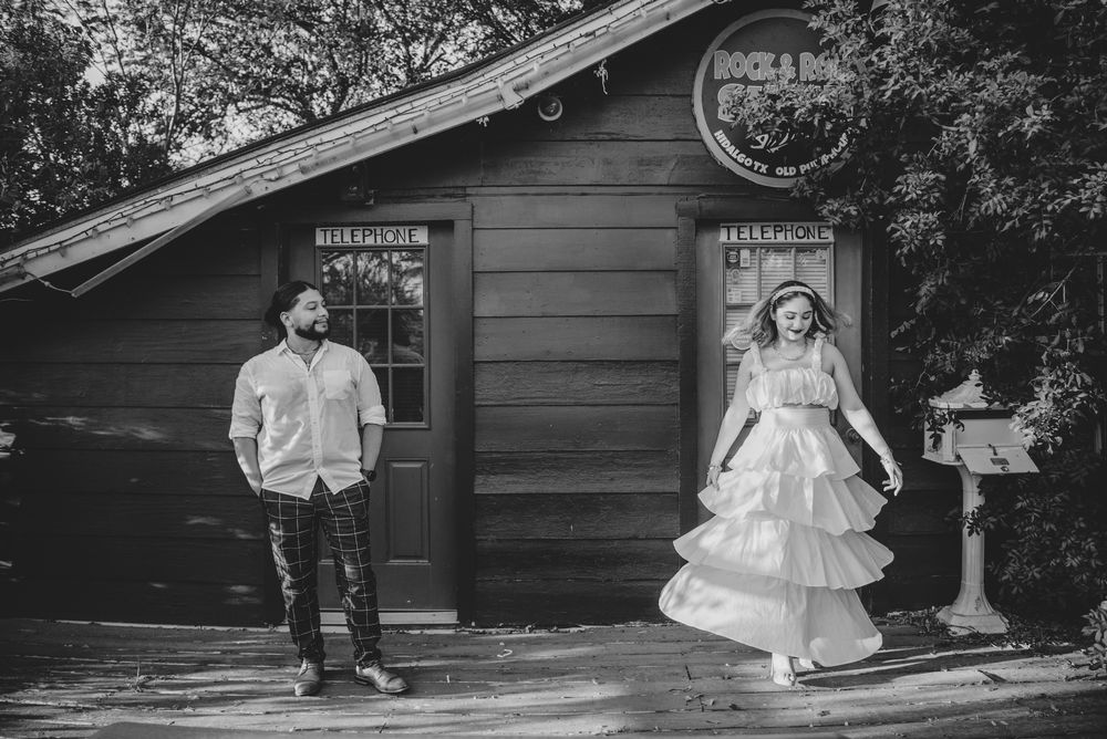 A sequence of wedding portrait photographs taken in front of a rustic grey wooden building in a garden setting.