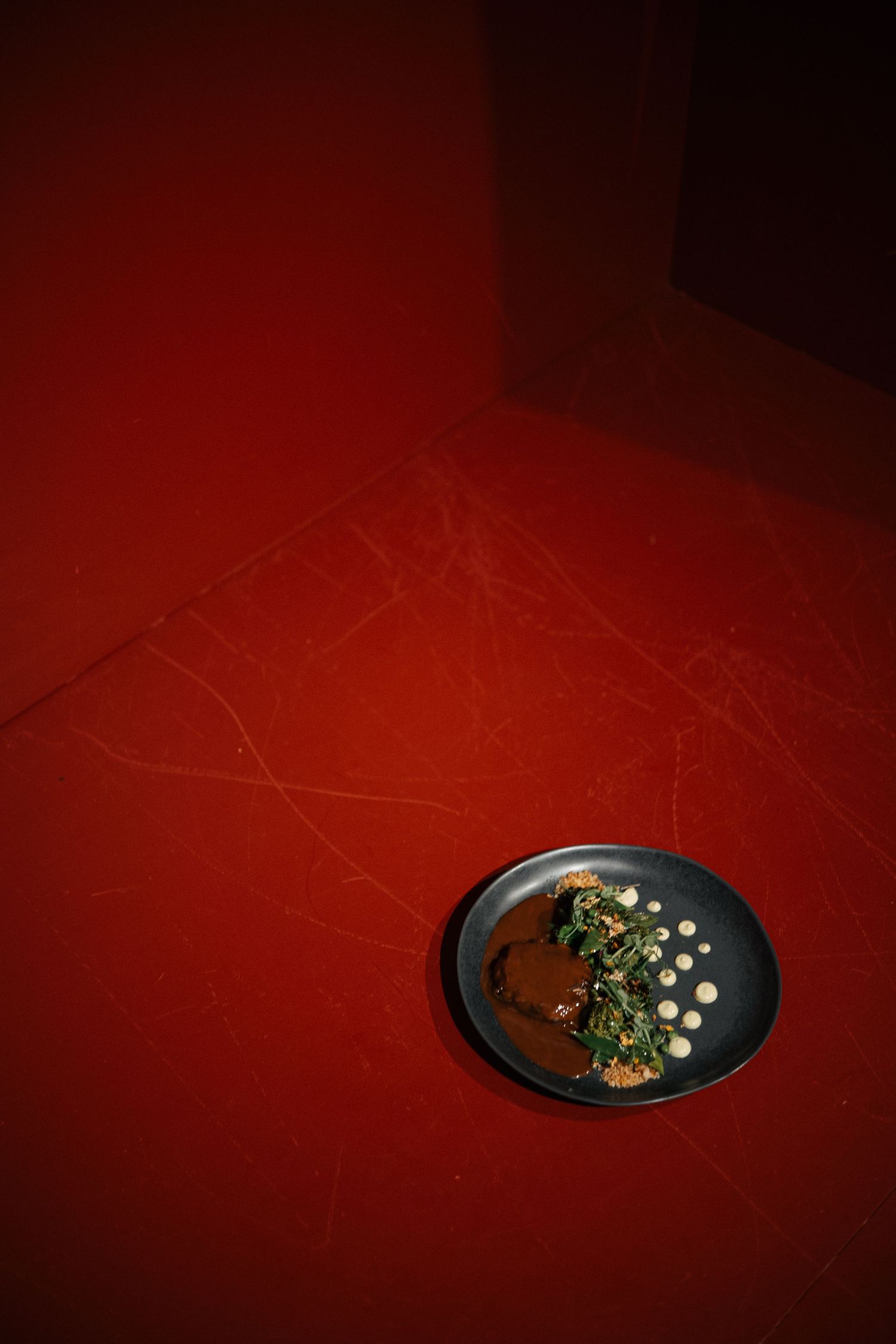 Black plate with artistically arranged food elements photographed on a deep red surface.