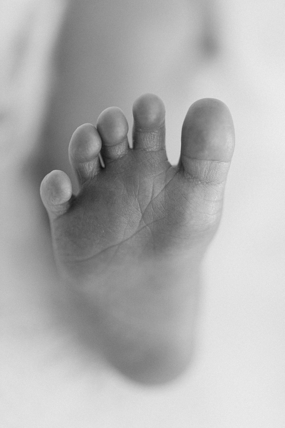 Black and white sequence of images showing a hand with toes fading from focus to increasingly blurry views.