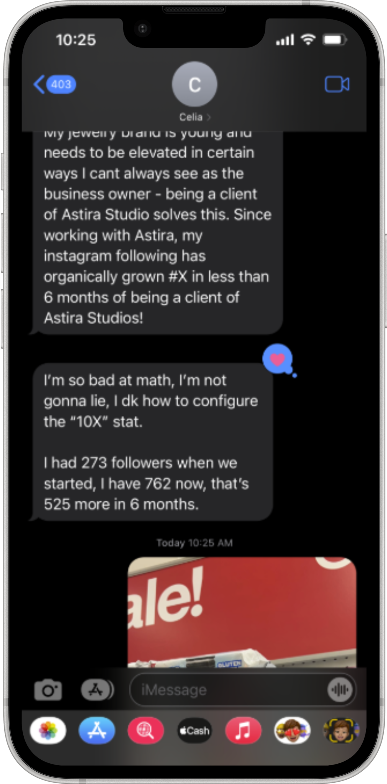 A text conversation showing Instagram follower statistics and growth from 273 to 762 followers in 6 months.