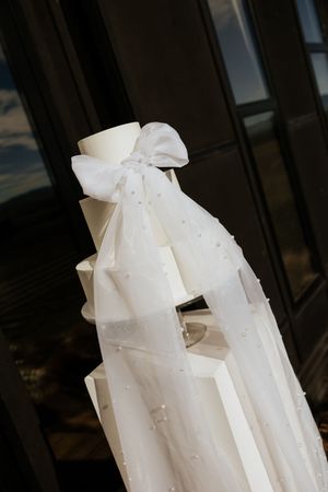 Close-up detail of white wedding dress fabric with delicate bow and beaded embellishments against a dark background.