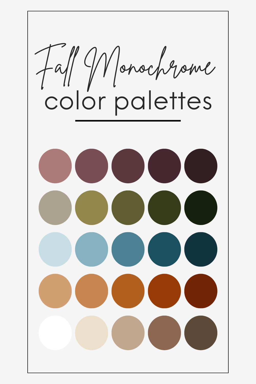 Five coordinating fall monochrome color palettes featuring muted earth tones, pastels, and warm autumn shades arranged in circular swatches.