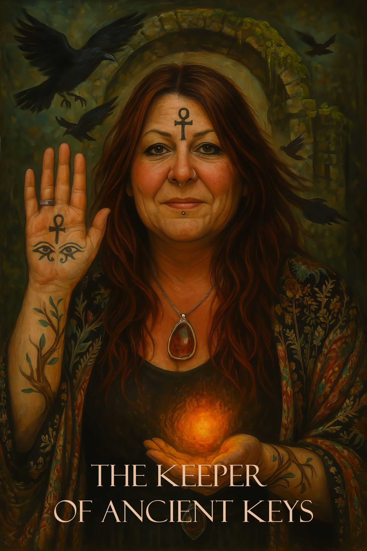 Mystical artwork showing a spiritual figure with ankh symbols, ravens, and glowing orb titled The Keeper of Ancient Keys.