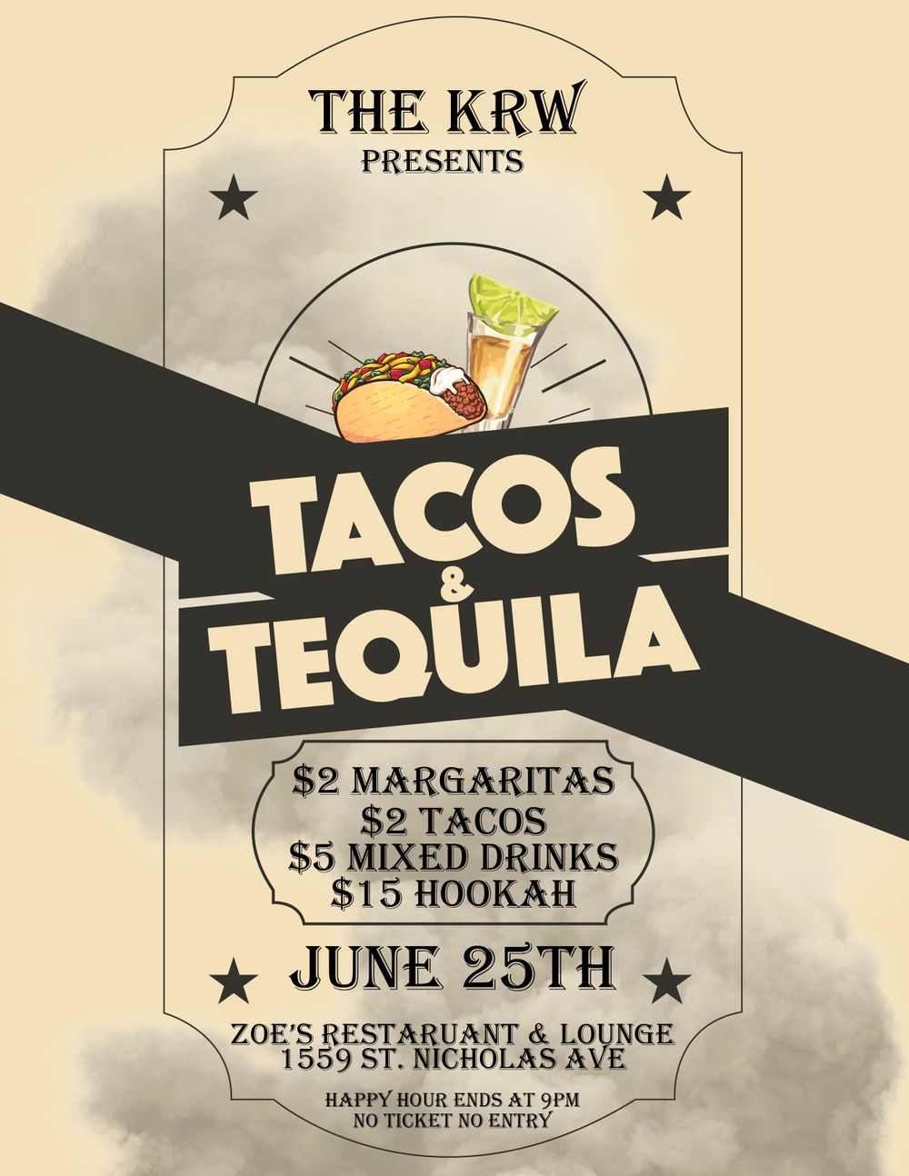 Event Flyer for The KRW - Tacos & Tequila Happy Hour
