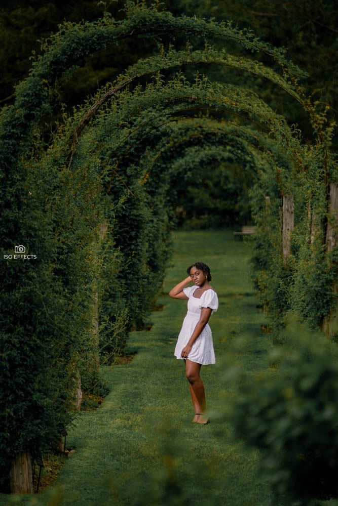 A garden archway forms a green tunnel over a grass path, with a figure in a white dress standing beneath the foliage.