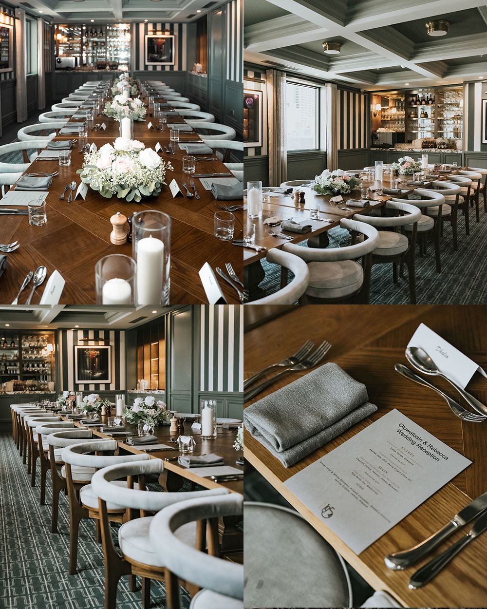 Elegant restaurant banquet setup with long wooden tables, white floral centerpieces, and modern decor in a sophisticated dining room.