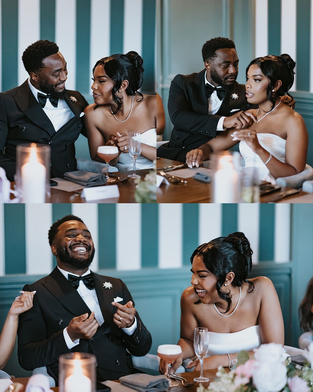 A couple shares joyful candid moments at their wedding reception while seated at a decorated table with candles.