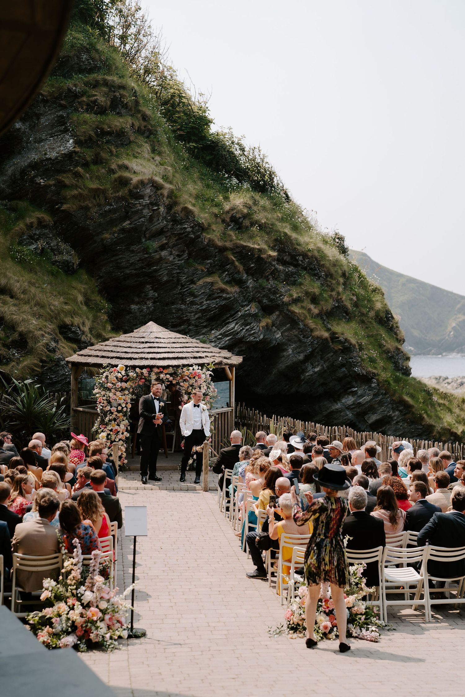 Tunnels Beach Wedding Venue in North Devon, groom waiting for bride to arrive