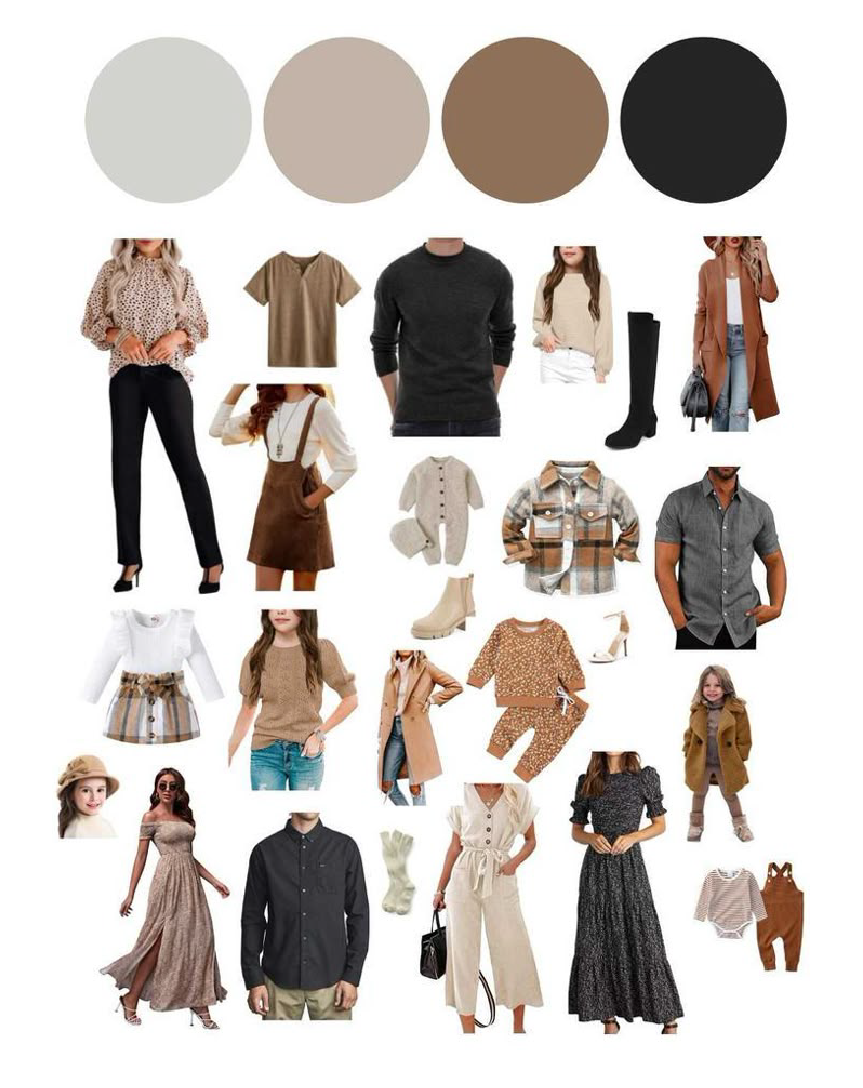 Coordinated family outfit set in neutral tones featuring dresses, pants, and white clothing pieces with color palette above.