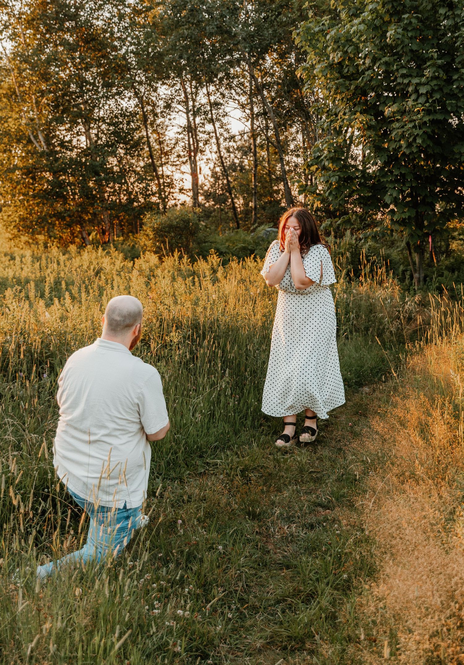 Man proposing on one knee to emotional woman in a sunlit meadow surrounded by golden tall grass and trees.