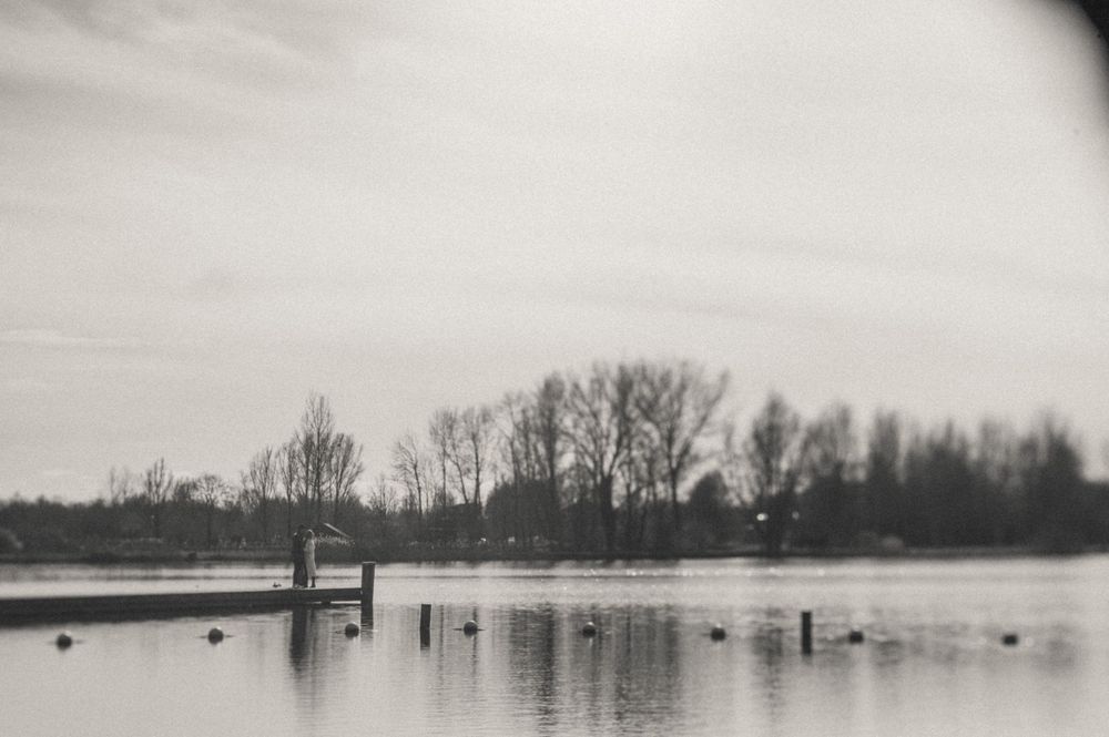 Tranquil flooded landscape with bare trees silhouetted against cloudy sky.