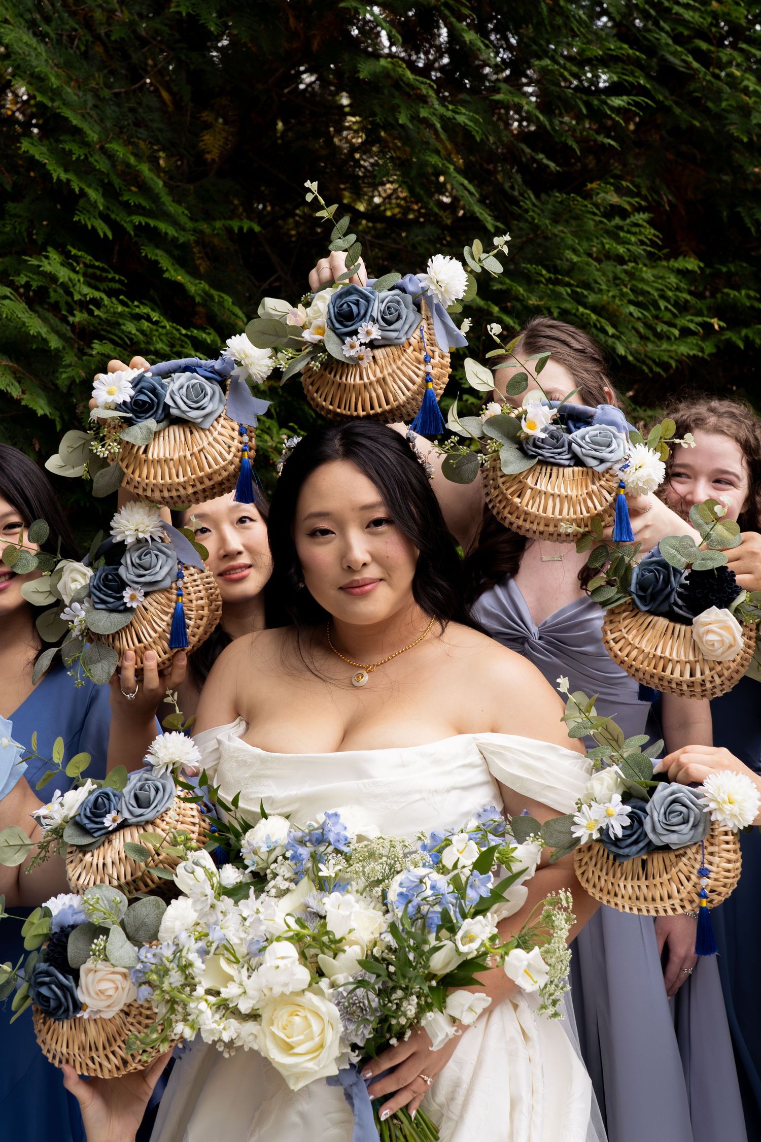 Editorial Image of asian bride framed by flower baskets