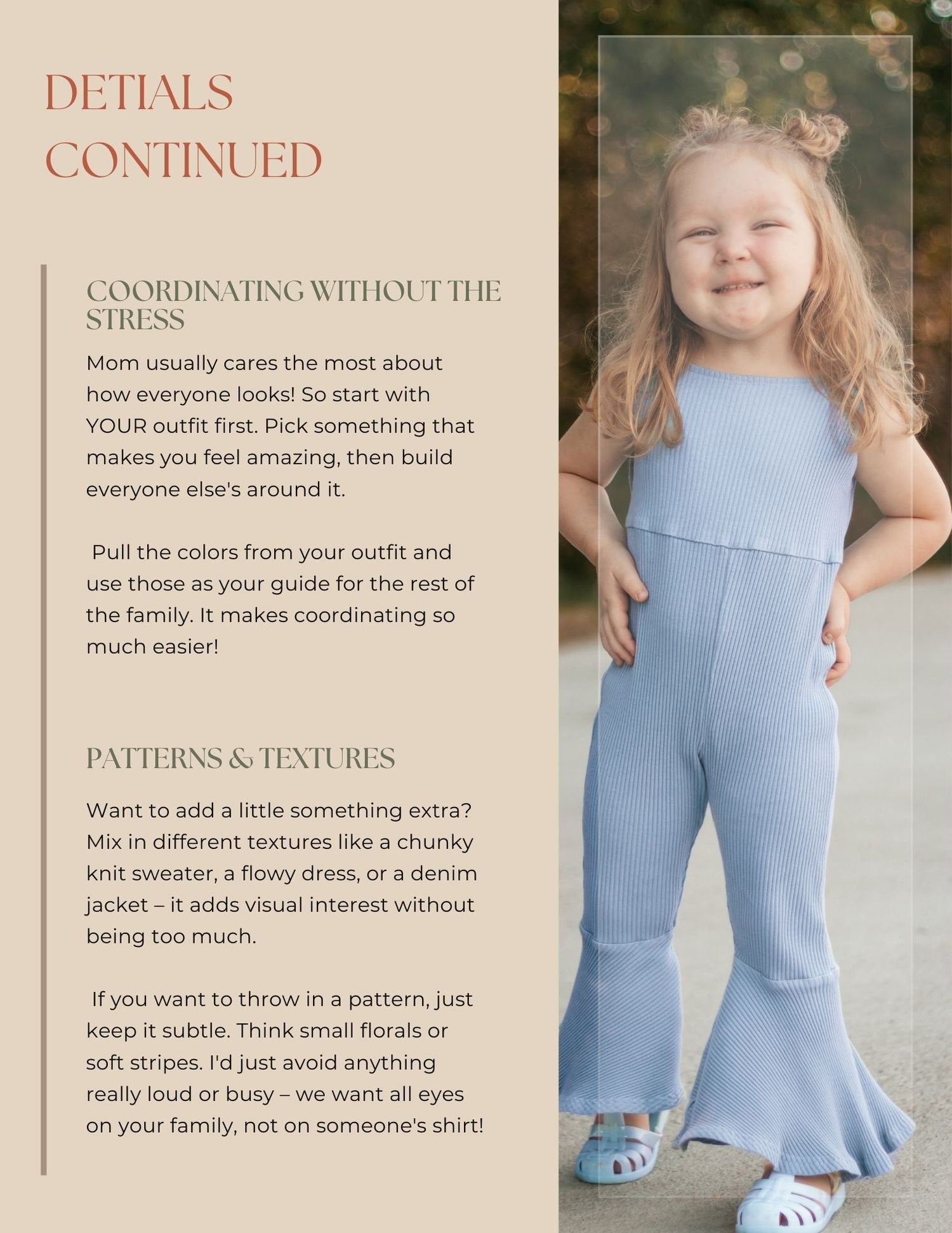 A young girl in a blue ribbed jumpsuit smiles outdoors, beside family photo coordination tips on patterns and textures.