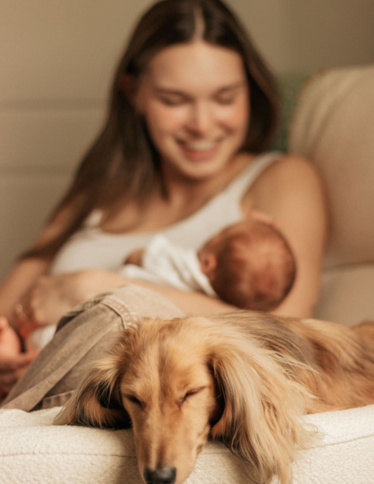 Smiling mother snuggling newborn baby on sofa while golden dachshund sleeps in the foreground | newborn photographer Firestone Colorado