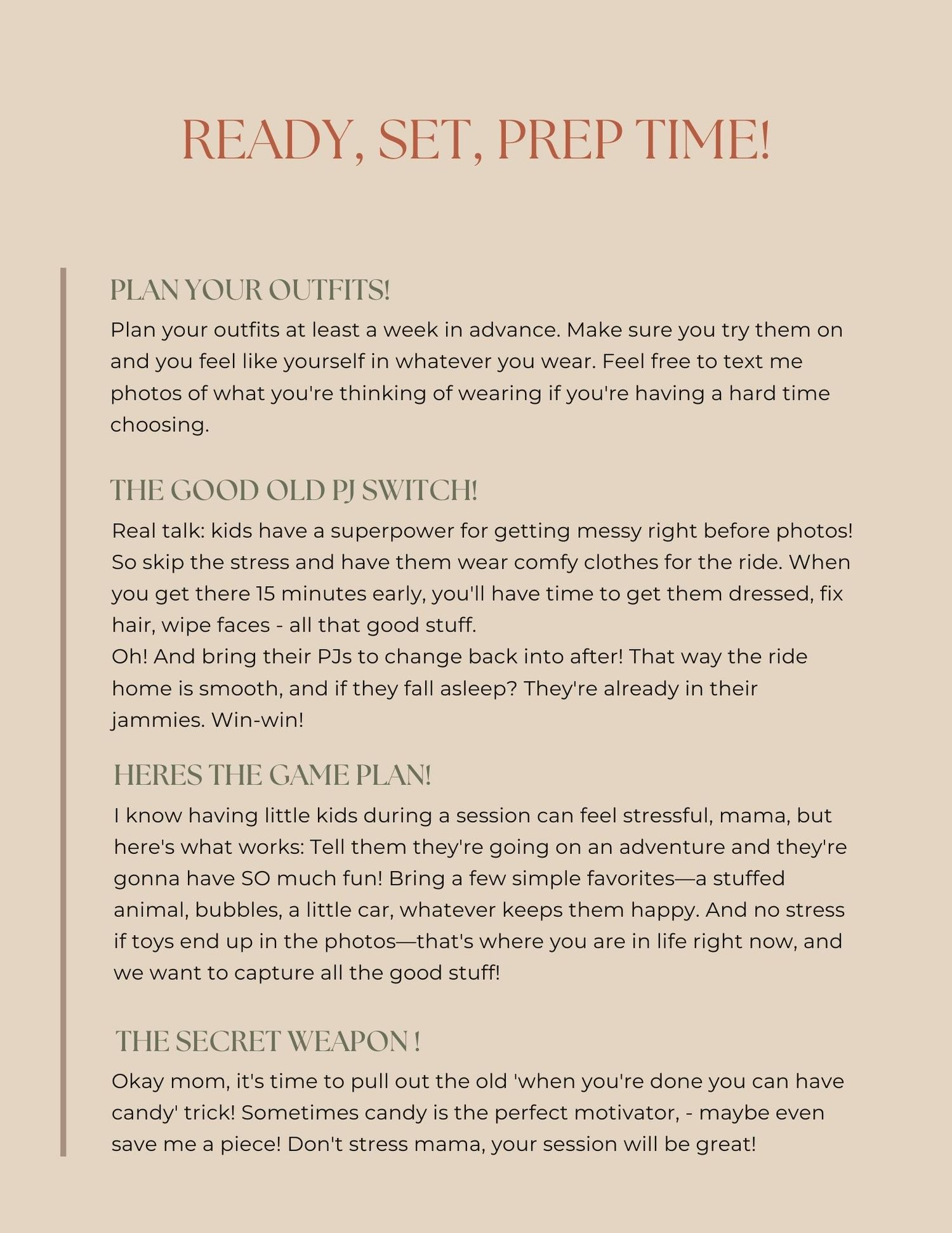 Beige flyer with red title 'Ready, Set, Prep Time!' offering photography session tips for planning outfits and managing kids.