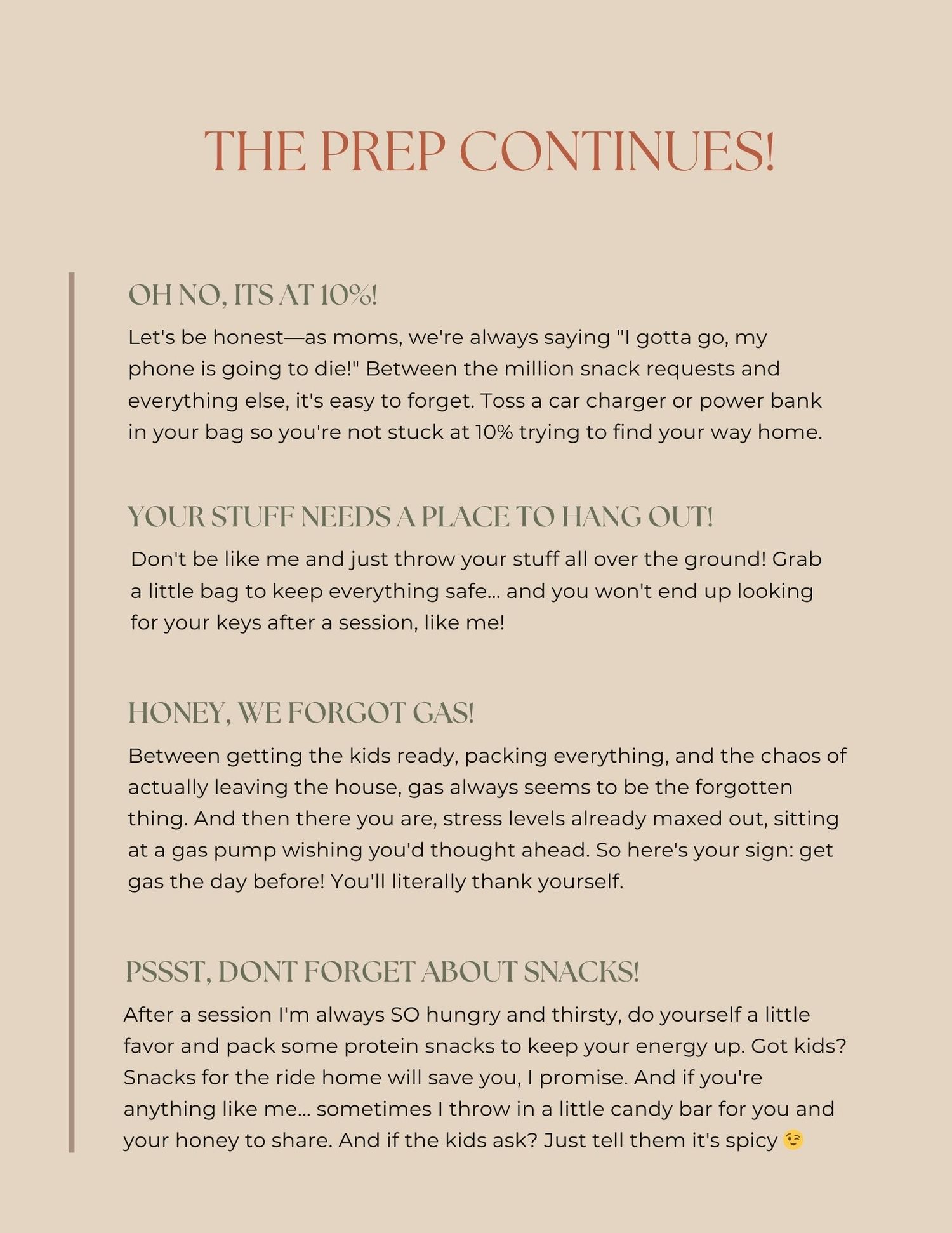 A beige flyer with prep tips for moms including advice on phone charging, organization, gas, and snacks.