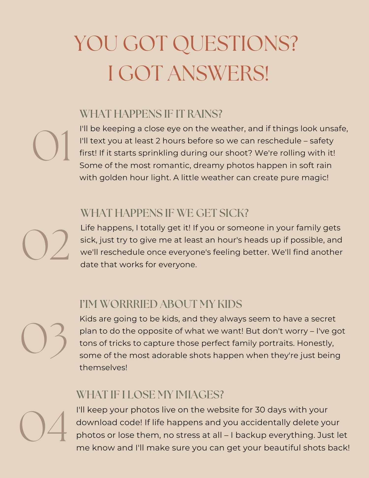 FAQ section with 'You Got Questions? I Got Answers!' headers and numbered tips for photo sessions.