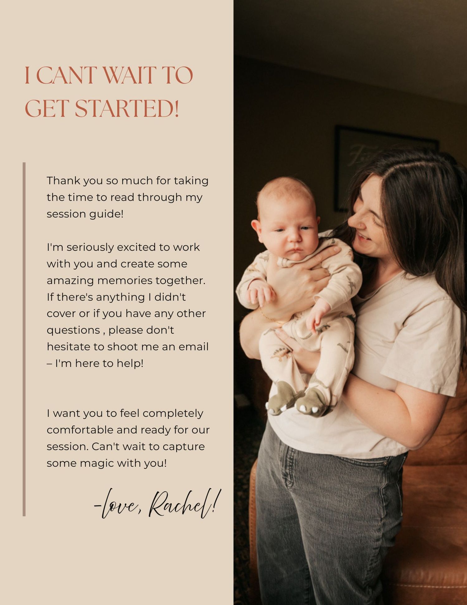 Warm-toned welcome guide page with text overlays and family photography styling.