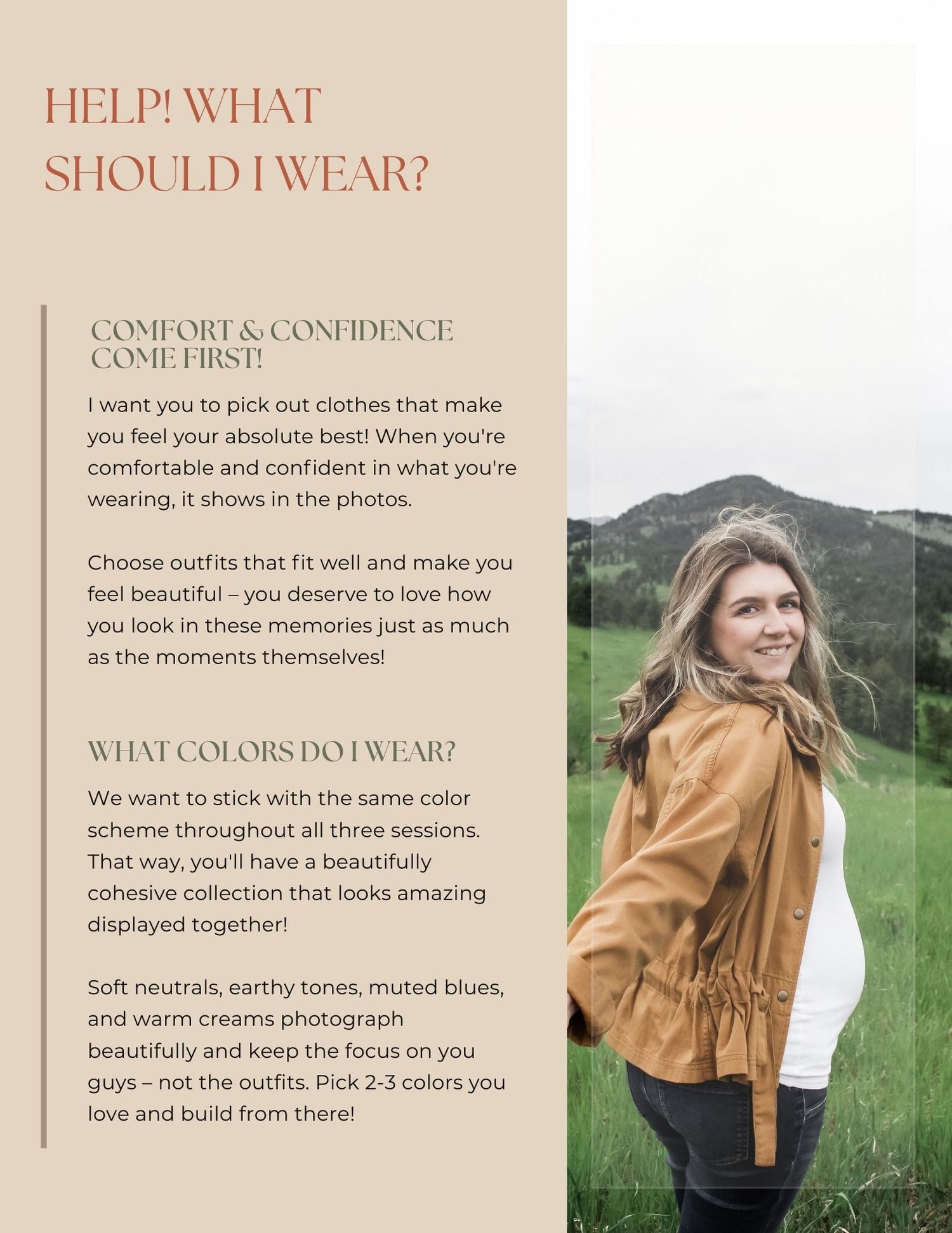 A confident young woman in a warm caramel jacket poses outdoors with rolling green hills in the background.