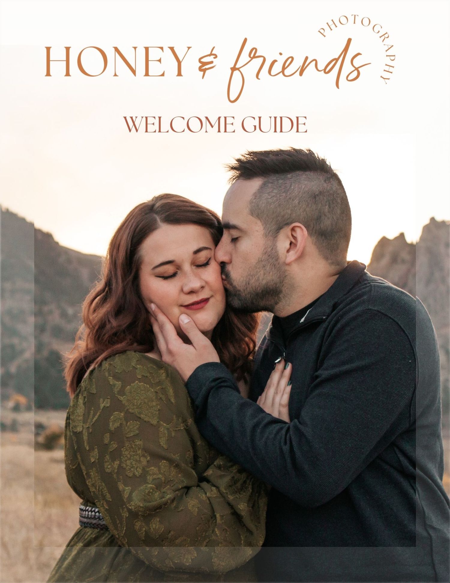 Honey & Friends Photography welcome guide cover featuring a couple embracing outdoors with rocky mountains in the background.