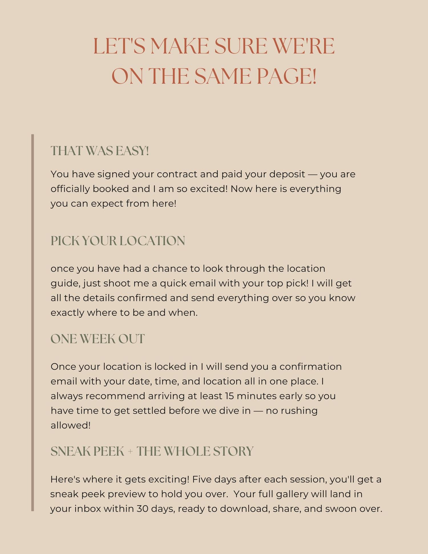 Beige welcome guide for photography clients outlining booking steps, location selection, timeline, and sneak peek delivery process.