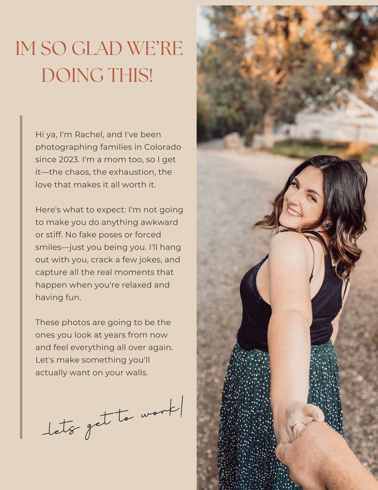 Marketing page shows text about family photography services alongside an outdoor portrait in warm evening light.