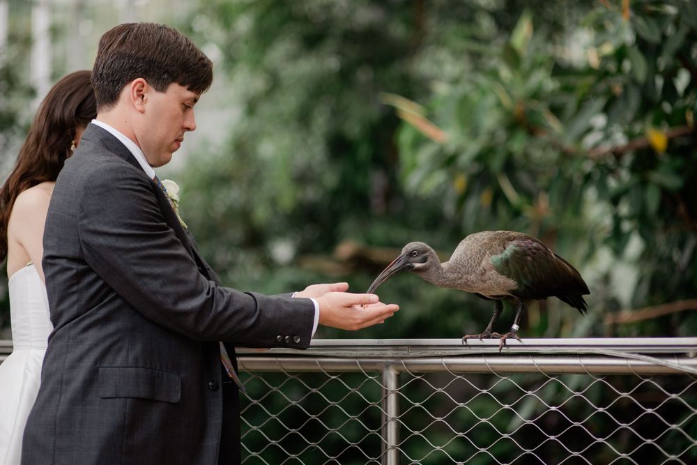 A person in business attire sits at an outdoor cafe table while looking at their mobile phone.
