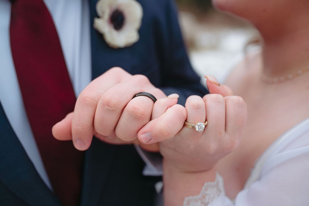 Close-up of newlyweds' hands showing their wedding rings against formal attire.