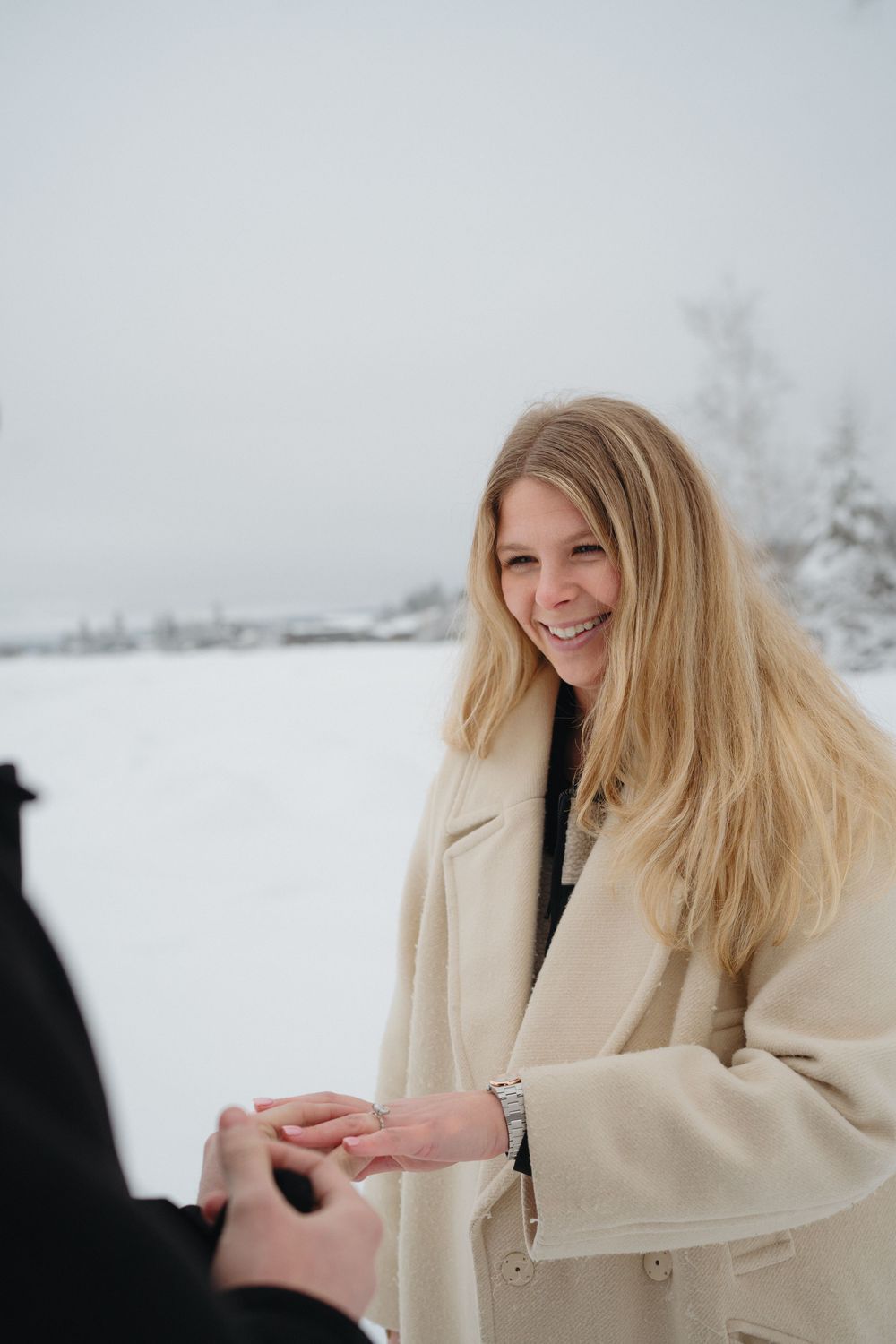 A couple sharing a joyful moment in a snowy winter landscape during a proposal.