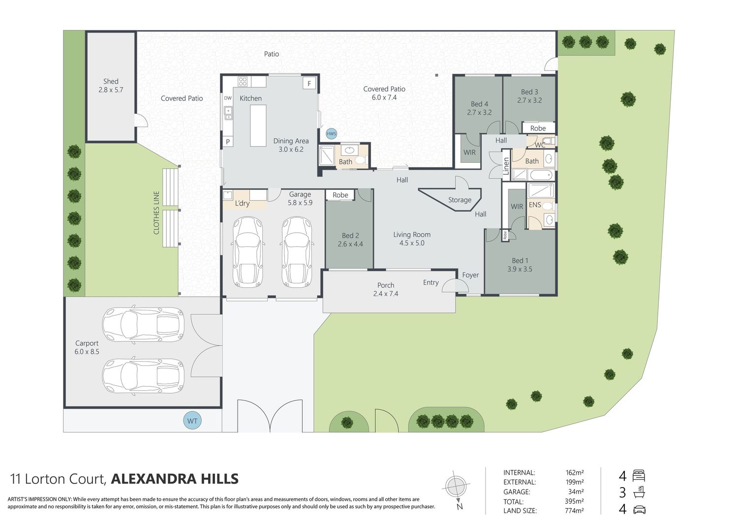Colourful floor plan of a house in Alexandra Hills, 4-bed 3-bath 4-car home with covered patio.