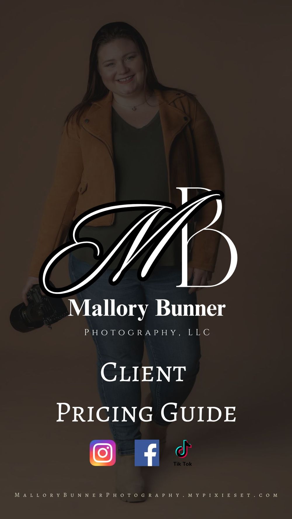 Professional photography pricing guide cover with elegant MB monogram logo and social media icons.