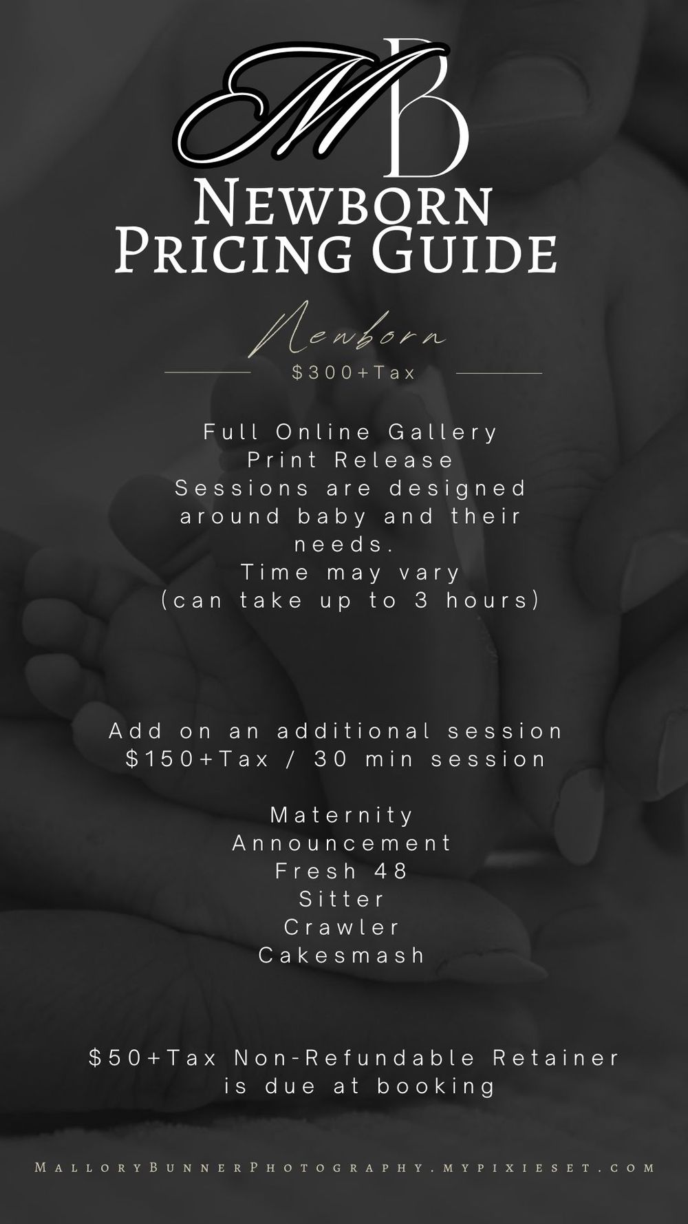 Black and white photography pricing guide showing session details and rates for newborn and maternity services.