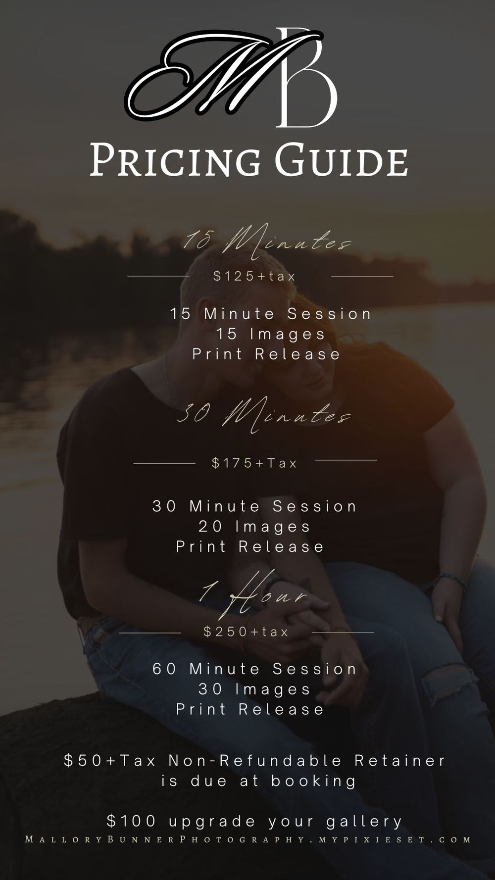 Photography pricing guide showing session packages and print release options on a dark moody background with elegant script text.