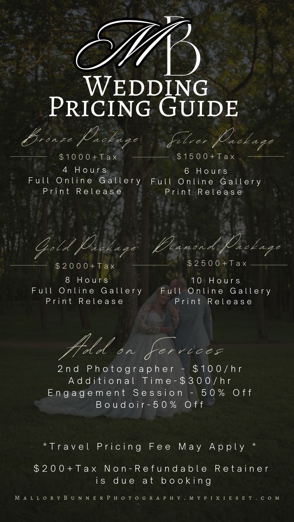 Photography pricing guide showing wedding packages with full gallery options ranging from 4-10 hours and pricing details.