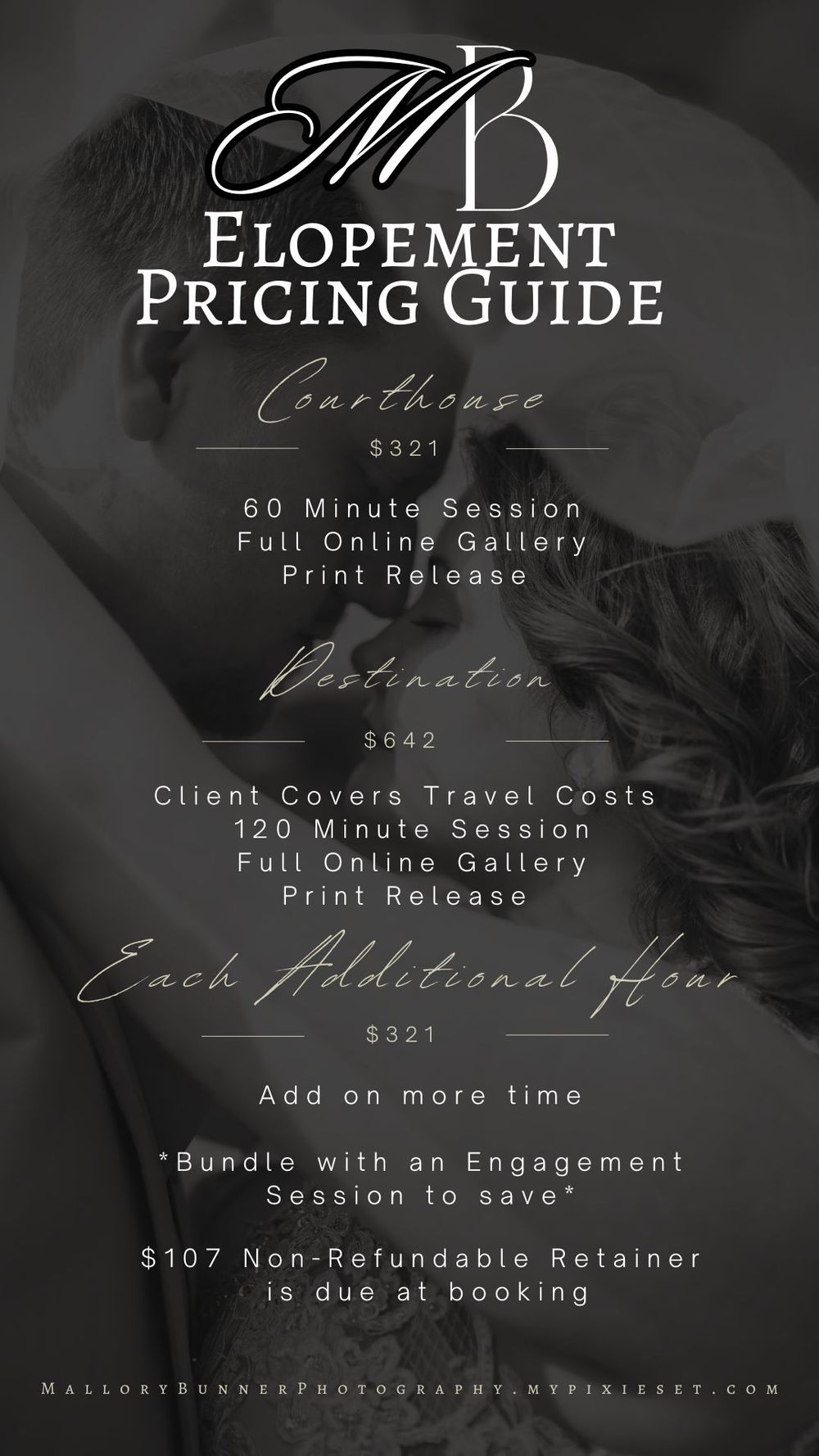 Black and white photography pricing guide showing wedding and elopement session details with elegant script text overlay.