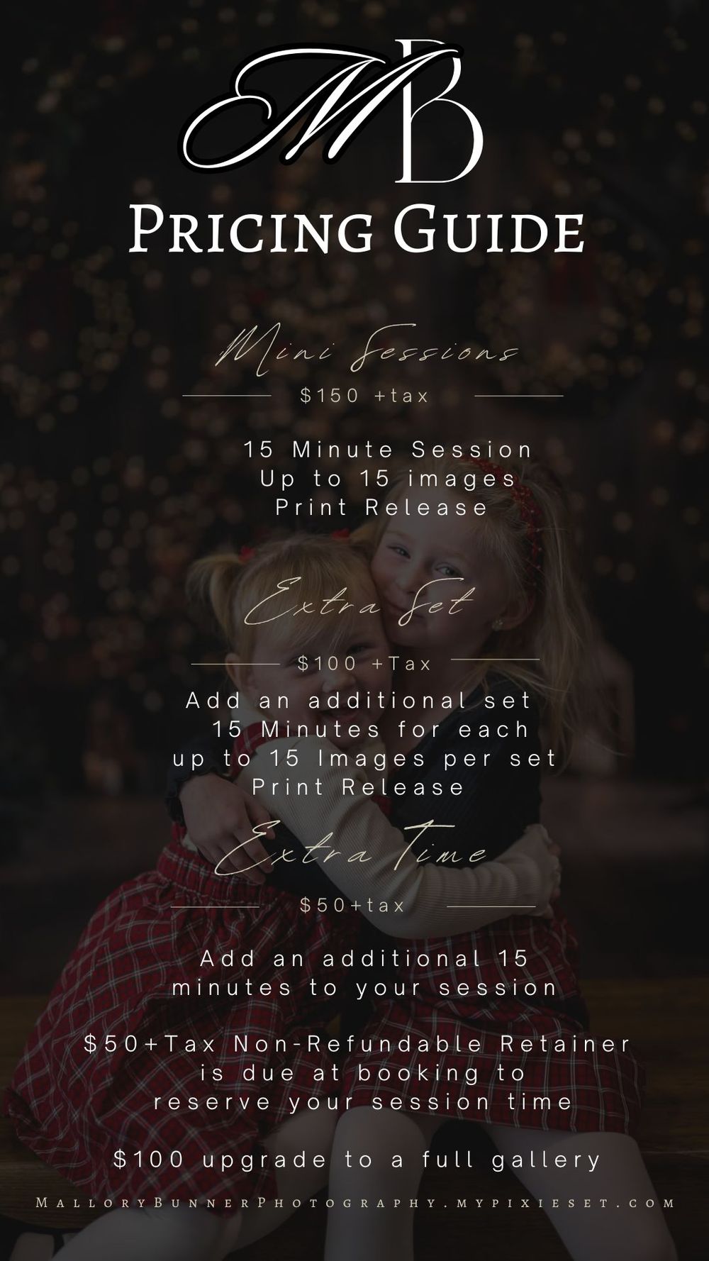 Photography pricing guide showing mini sessions at $150, extra sets at $100, and extra time at $50, with a dark floral background.