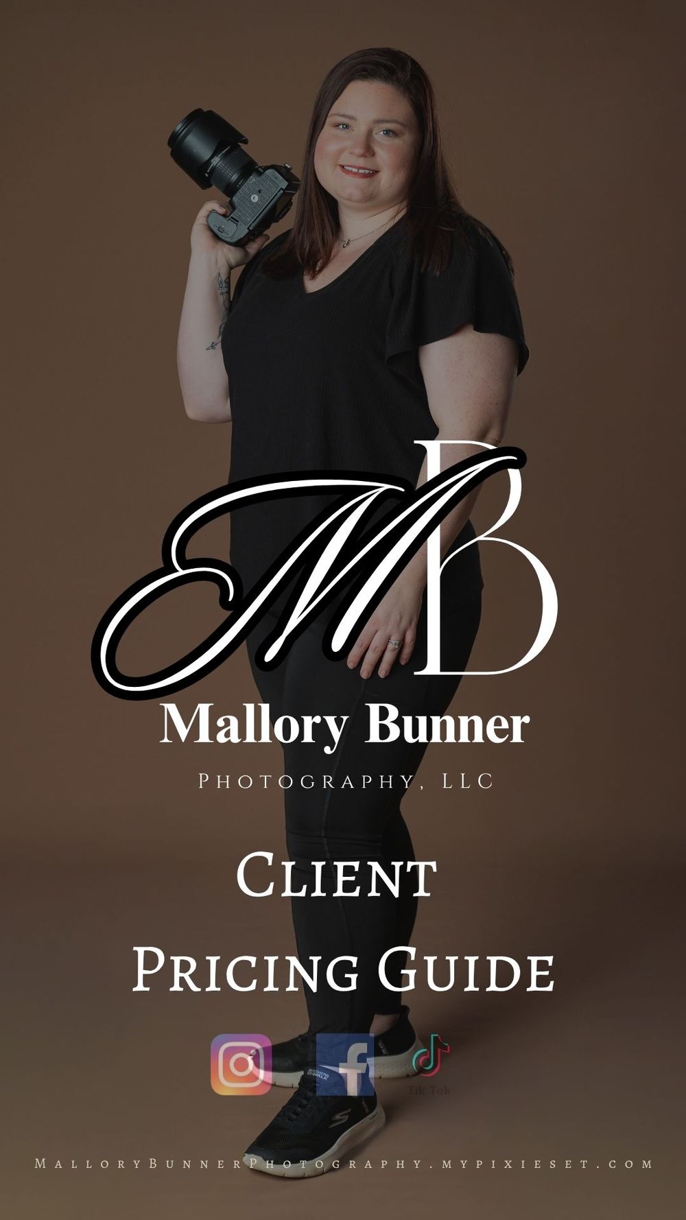 Mallory Bunner Photography LLC client pricing guide cover featuring a smiling female photographer holding a camera on a brown background.
